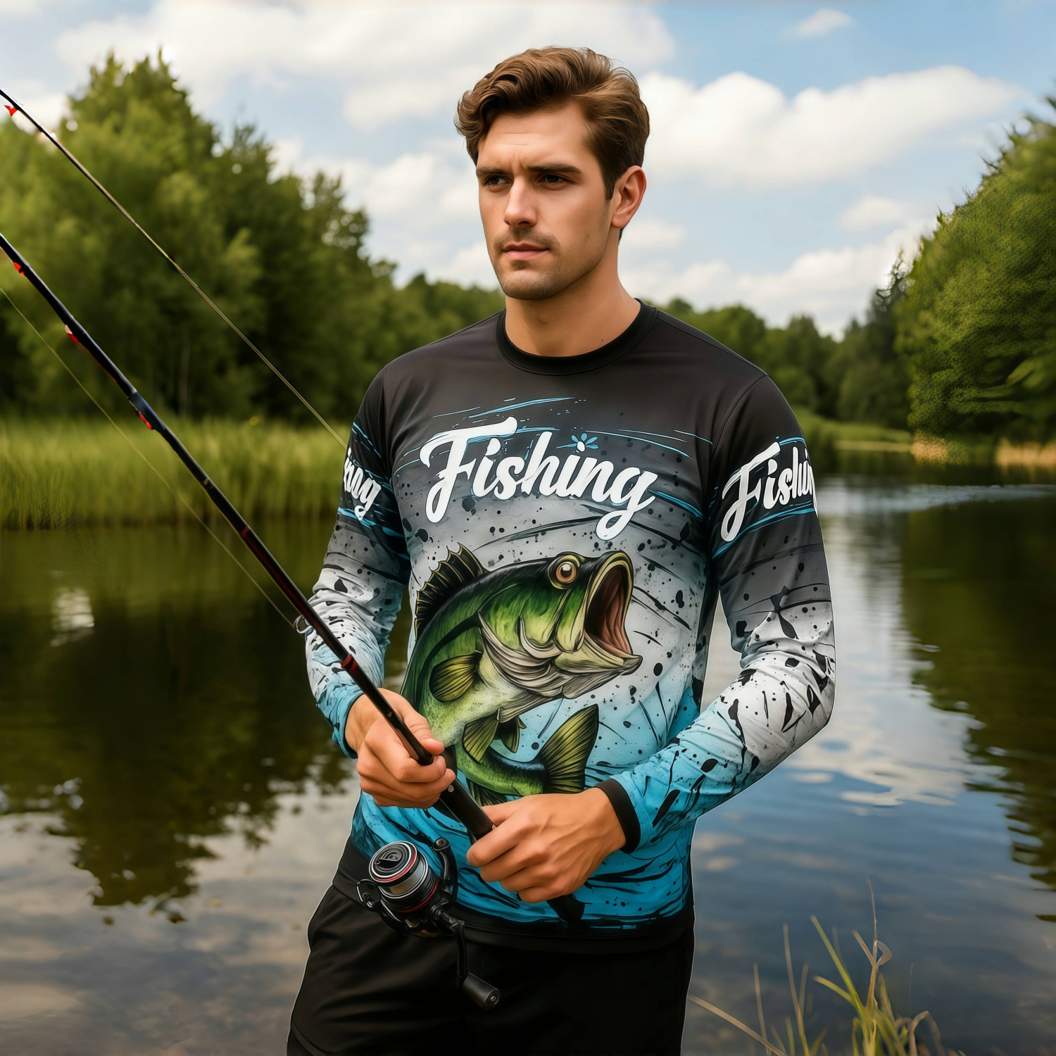 Men's Polyester Spandex Sublimated Crew Neck  Long Sleeves Fishing Shirt 