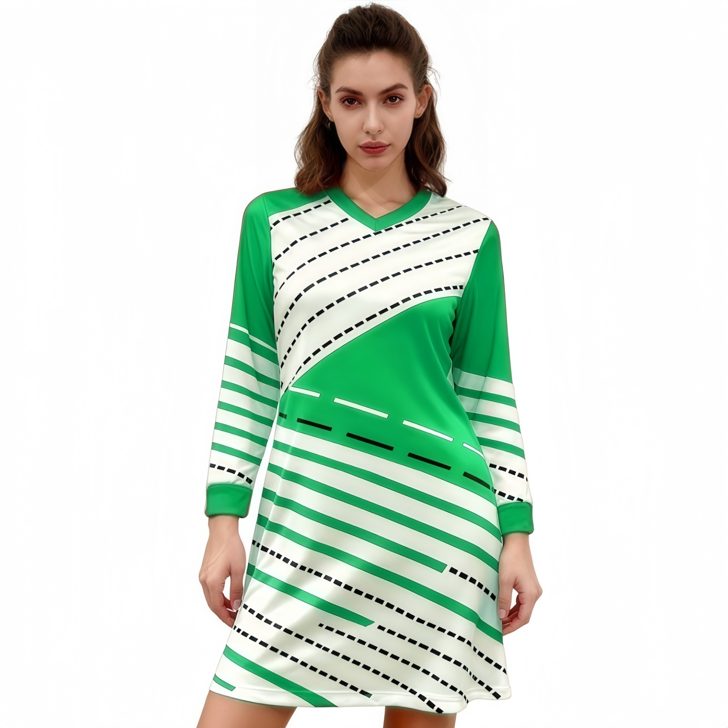 100% Polyester Micro Mesh Long- Sleeve V-Neck A-Line Sport Dress