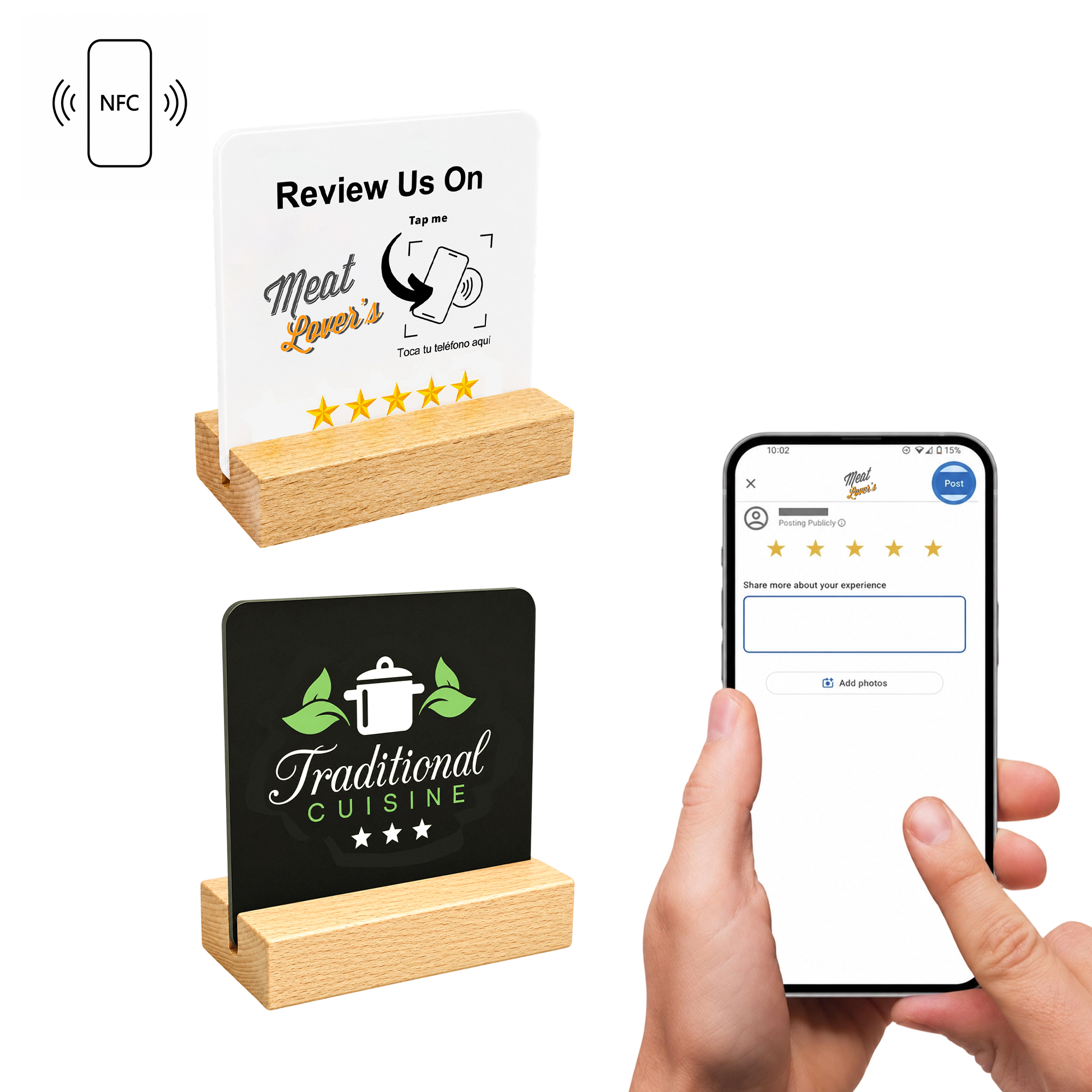 NFC Acrylic Menu with Wooden Stand