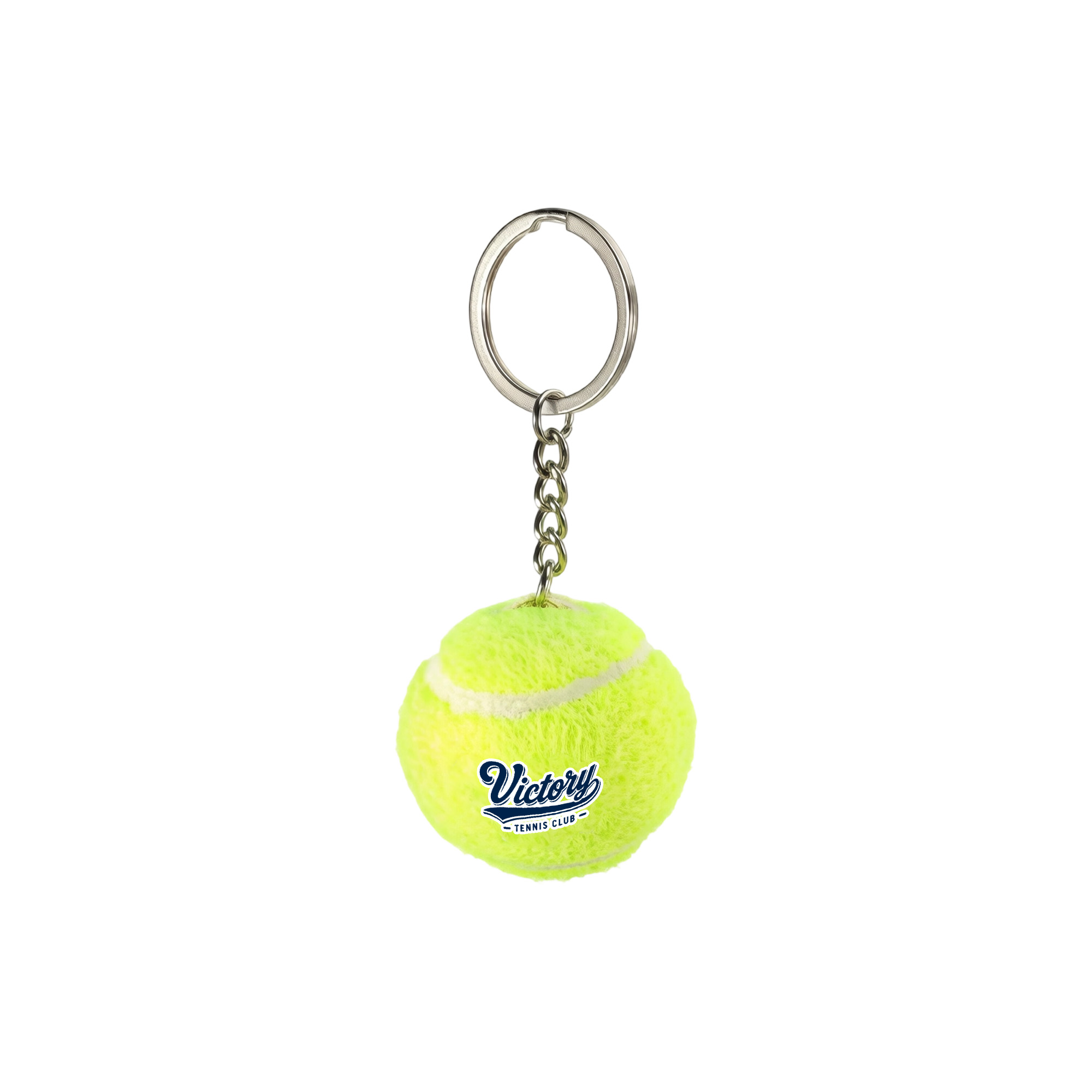 Tennis ball keyring in fluorescent yellow with white detailing and metal chain, branded with your logo