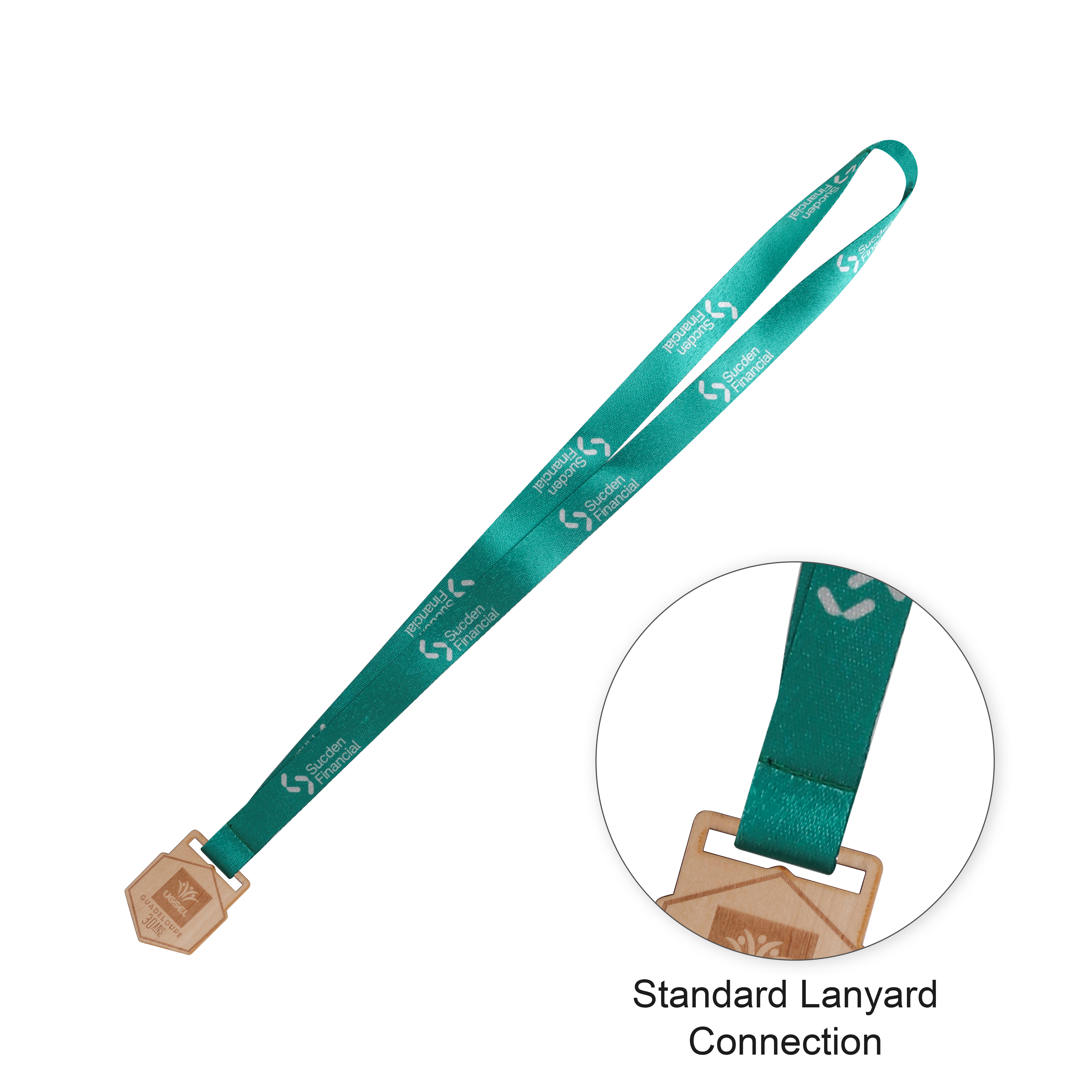 Custom Shaped Wooden Medal with RPET Lanyard — branded with your logo