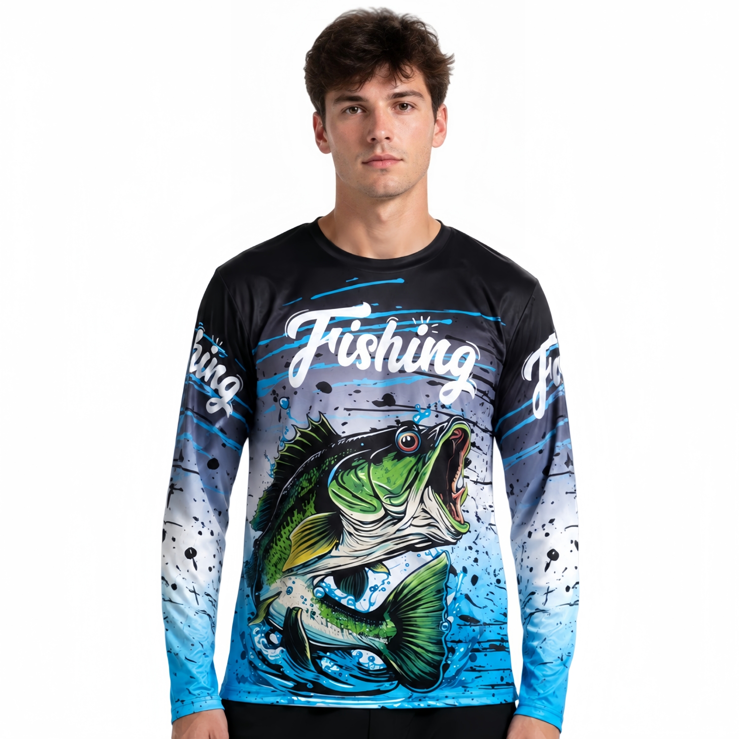 Men's Polyester Spandex Sublimated Crew Neck  Long Sleeves Fishing Shirt 